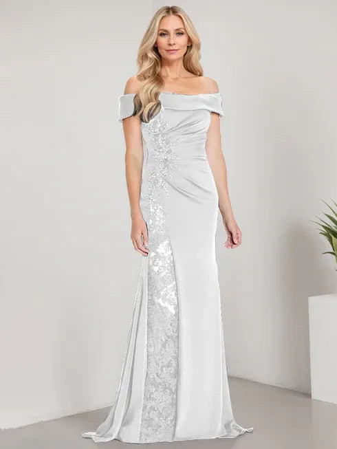 A-Line Off the Shoulder Floor-Length Mother of the Bride Dress Applique Beadings Mermaid Dress With  High Split