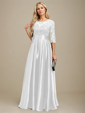 A-line Scoop Illusion Floor-Length Stretch Satin Lace Mother of the Bride Dress With Bow Sequins