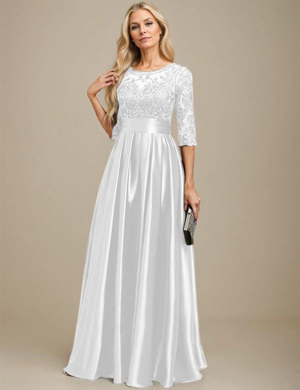 A-line Scoop Illusion Floor-Length Stretch Satin Lace Mother of the Bride Dress With Bow Sequins