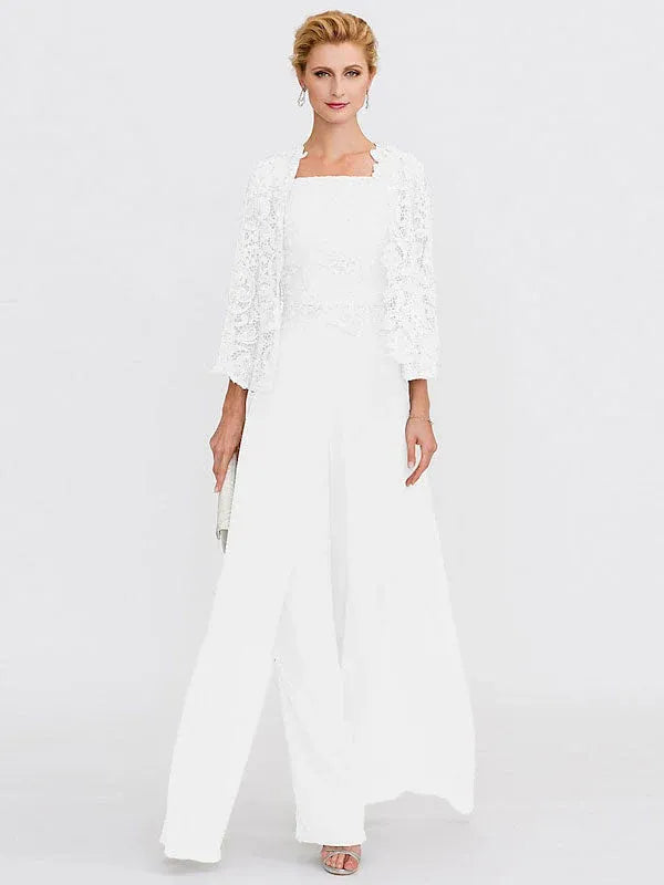 Ensemble 3 pièces en mousseline de soie avec col carré et veste pour mère de la mariée 
