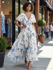 White and Blue Floral V-Neck Flutter Sleeve Maxi Dress