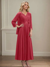 A-line V-Neck Ankle-Length Chiffon Mother of the Bride Dress With Sequins Appliques Lace Beading