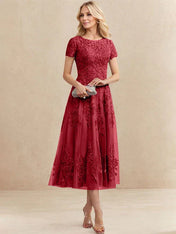 A-line Scoop Tea-Length Tulle Lace Mother of the Bride Dress