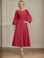 A-line Scoop Tea-Length Chiffon Mother of the Bride Dress With Crystal Brooch Pleated