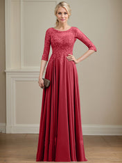 A-line Scoop Illusion Floor-Length Lace Chiffon Mother of the Bride Dress With Sequins