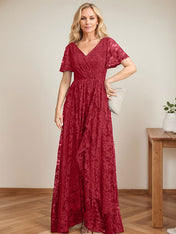 A-Line V-Neck Asymmetrical Lace Mother of the Bride Dress With Cascading Ruffles