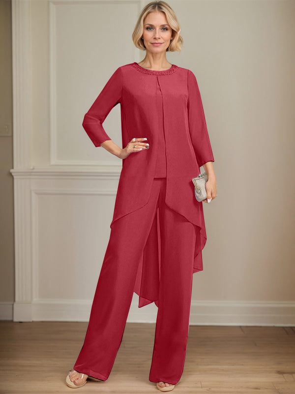 Separates Jumpsuit/Pantsuit Scoop Floor-Length Chiffon Mother of the Bride Dress With Sequins Beading
