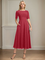 A-line Scoop Tea-Length Chiffon Mother of the Bride Dress With Appliques Lace Sequins