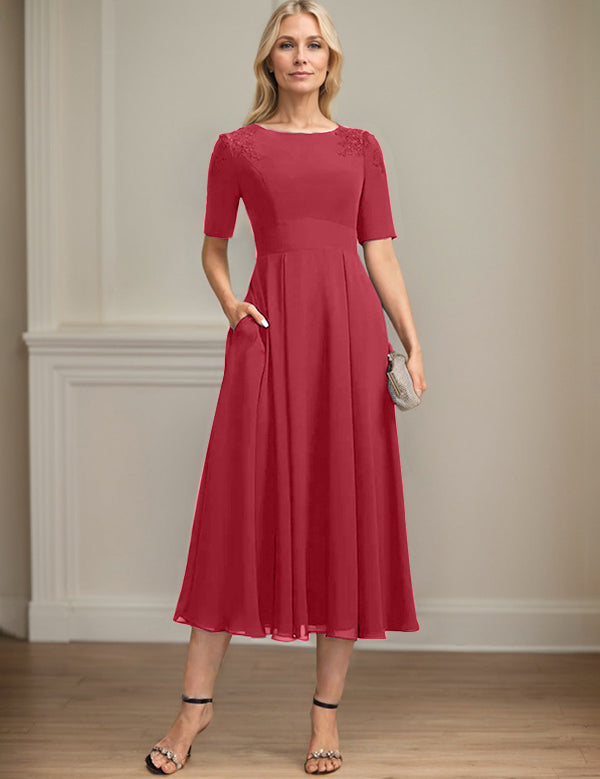 A-line Scoop Tea-Length Chiffon Mother of the Bride Dress With Appliques Lace Sequins
