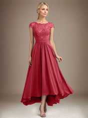 A-line Scoop Illusion Asymmetrical Lace Chiffon Mother of the Bride Dress With Pleated