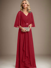 A-line V-Neck Floor-Length Chiffon Mother of the Bride Dress With Cascading Ruffles Crystal Brooch