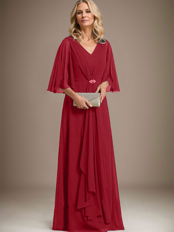 A-line V-Neck Floor-Length Chiffon Mother of the Bride Dress With Cascading Ruffles Crystal Brooch