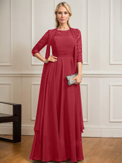 A-line Scoop Illusion Floor-Length Lace Chiffon Mother of the Bride Dress With Pleated