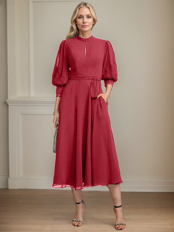 A-line High Neck Tea-Length Lace Chiffon Mother of the Bride Dress With Bow