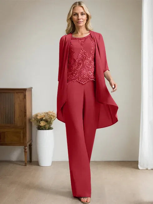 Pantsuit Scoop Floor-Length Chiffon Lace Mother of the Bride Dress With Beading Sequins