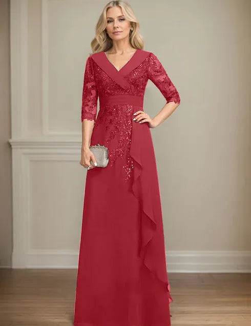 Robe de mère de la mariée trapèze, col en V, longueur au sol, en mousseline de soie et dentelle, avec volants en cascade et paillettes 