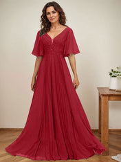 A-line V-Neck Floor-Length Chiffon Mother of the Bride Dress With Sequins Appliques Lace Pleated
