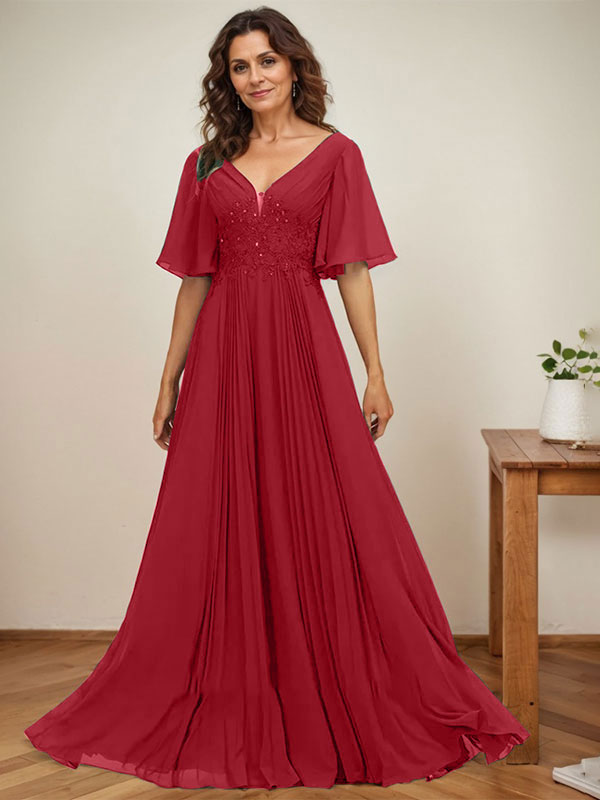 A-line V-Neck Floor-Length Chiffon Mother of the Bride Dress With Sequins Appliques Lace Pleated