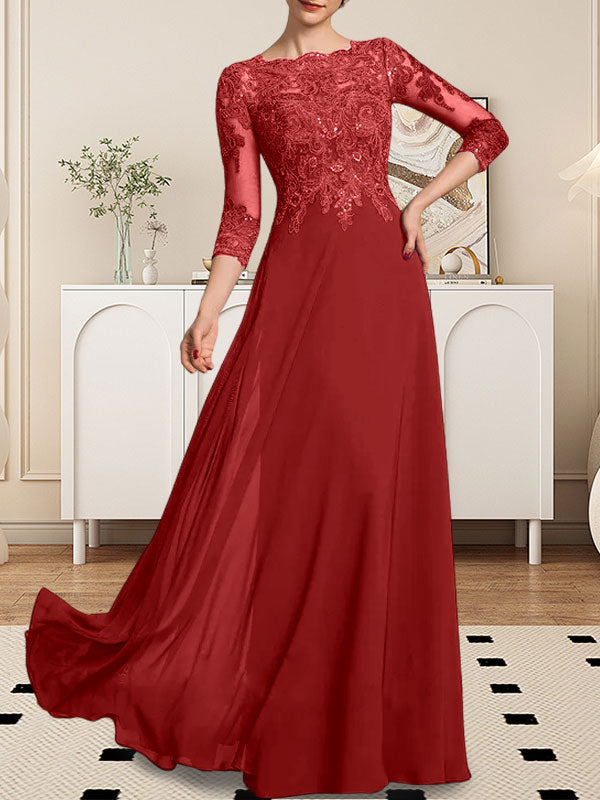 A-line Scoop Floor-Length Lace Chiffon Mother of the Bride Dress With Sequins