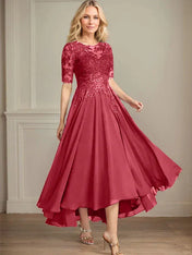 A-line Scoop Illusion Asymmetrical Chiffon Lace Mother of the Bride Dress With Sequins
