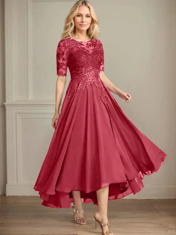 Robe de mère de la mariée asymétrique en mousseline de soie et dentelle, coupe trapèze, décolleté en V, illusion, avec paillettes 