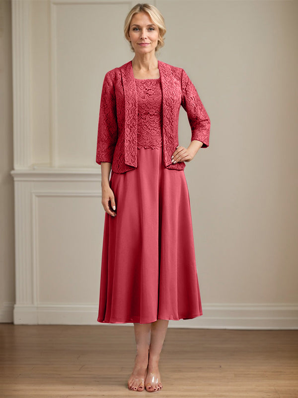 A-line Scoop Tea-Length Lace Chiffon Mother of the Bride Dress