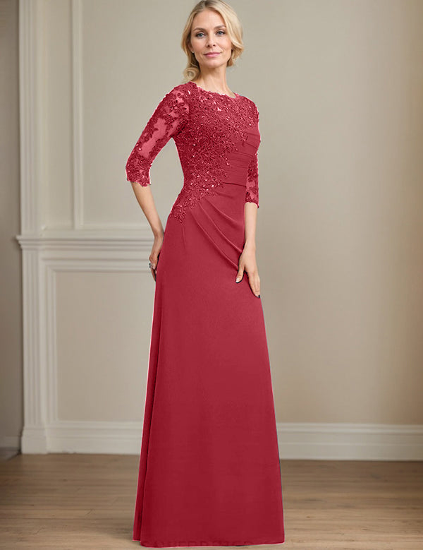 Robe de mère de la mariée trapèze en mousseline de soie et dentelle, longueur au sol, avec perles et paillettes plissées
