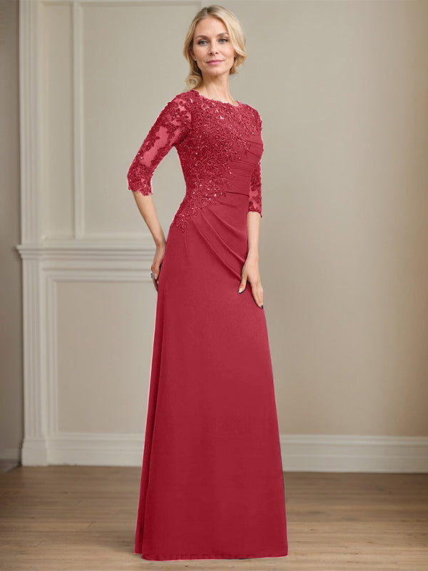 A-line Scoop Floor-Length Chiffon Lace Mother of the Bride Dress With Beading Pleated Sequins