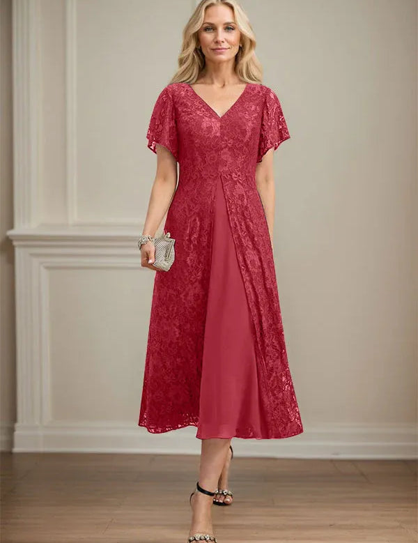 A-line V-Neck Tea-Length Lace Chiffon Mother of the Bride Dress