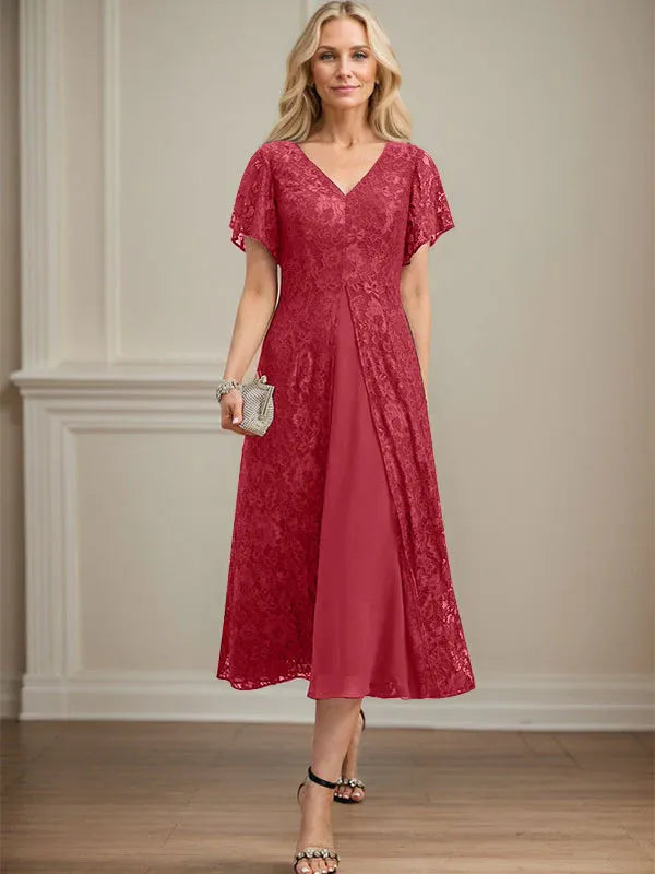 Robe de mère de la mariée en mousseline de soie, coupe trapèze, col en V et longueur thé 