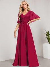 A-line V-Neck Floor-Length Lace Chiffon Mother of the Bride Dress With Sequins