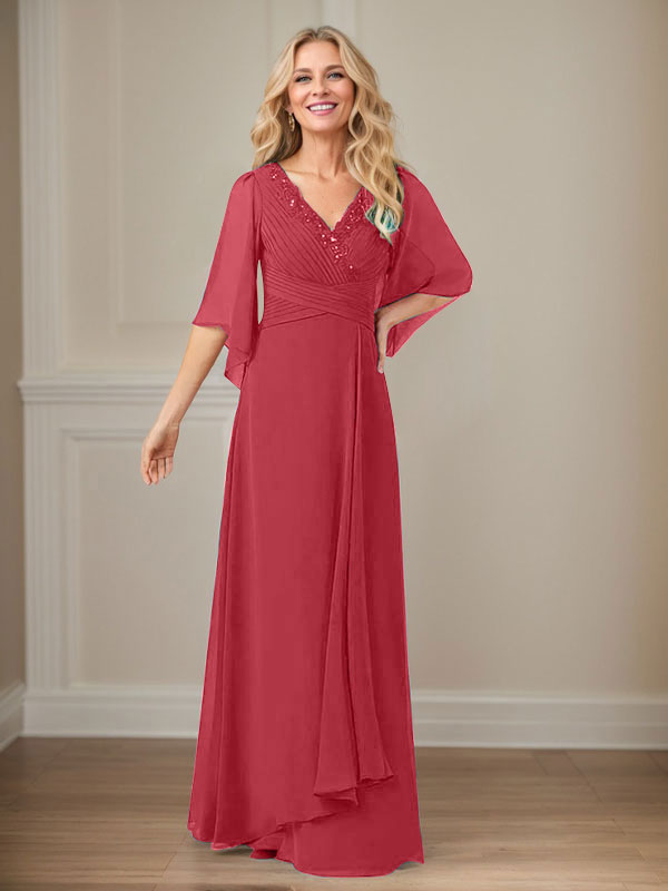 A-Line V-Neck Long Sequins Chiffon Mother Dress