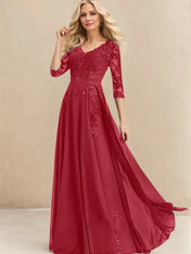 A-line V-Neck Floor-Length Lace Chiffon Mother of the Bride Dress With Sequins