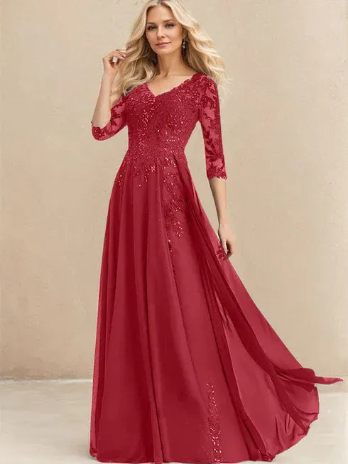 A-line V-Neck Floor-Length Lace Chiffon Mother of the Bride Dress With Sequins