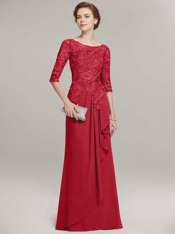 A-line Scoop Illusion Floor-Length Lace Chiffon Mother of the Bride Dress With Cascading Ruffles