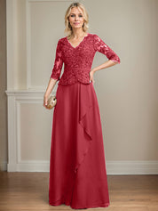 A-line V-Neck Floor-Length Lace Chiffon Mother of the Bride Dress With Cascading Ruffles Sequins