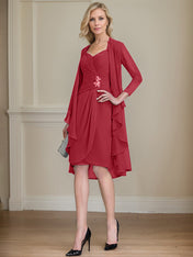 Sheath/Column Sweetheart Knee-Length Chiffon Mother of the Bride Dress With Beading Appliques Lace Sequins Pleated