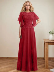 A-line Scoop Illusion Floor-Length Lace Chiffon Mother of the Bride Dress With Sequins