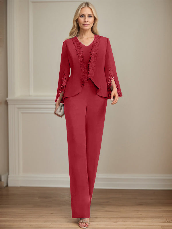 Separates Jumpsuit/Pantsuit V-Neck Floor-Length Chiffon Mother of the Bride Dress