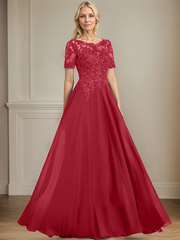 A-line Scoop Illusion Floor-Length Chiffon Lace Mother of the Bride Dress With Sequins Beading