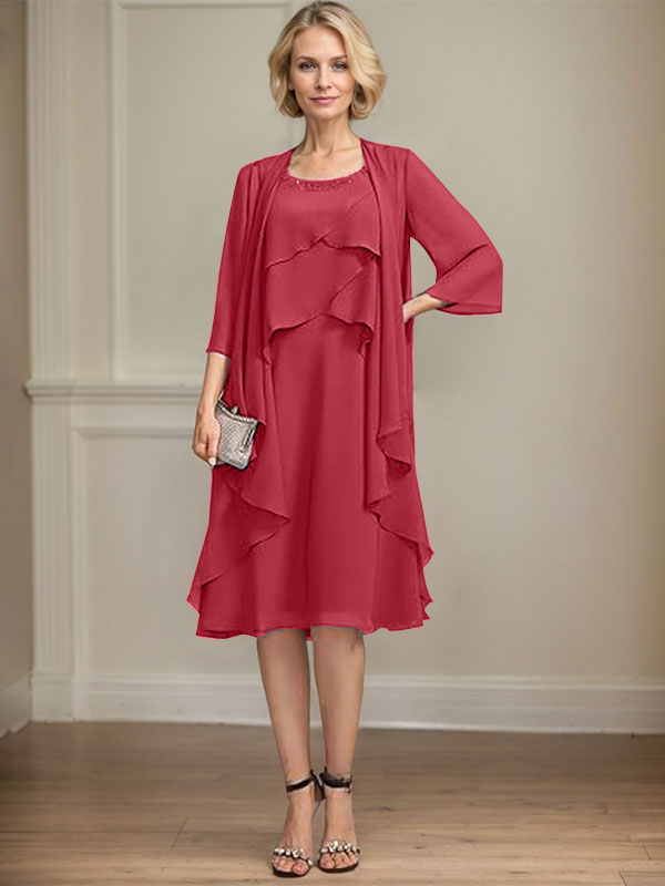 A-line Scoop Knee-Length Chiffon Mother of the Bride Dress With Beading