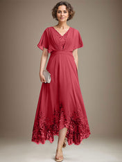 A-line V-Neck Asymmetrical Lace Chiffon Mother of the Bride Dress With Pleated