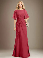 A-line Scoop Floor-Length Chiffon Mother of the Bride Dress With Cascading Ruffles Beading Sequins