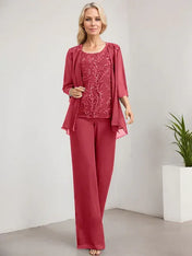 Separates Jumpsuit/Pantsuit Scoop Floor-Length Lace Chiffon Mother of the Bride Dress With Sequins