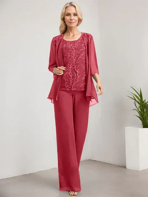 Pantsuit Scoop Floor-Length Lace Chiffon Mother of the Bride Dress With Sequins