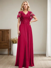 A-line V-Neck Floor-Length Lace Chiffon Mother of the Bride Dress With Sequins