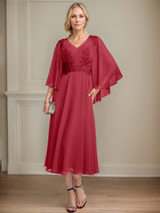 A-line V-Neck Tea-Length Chiffon Lace Mother of the Bride Dress With Beading Sequins