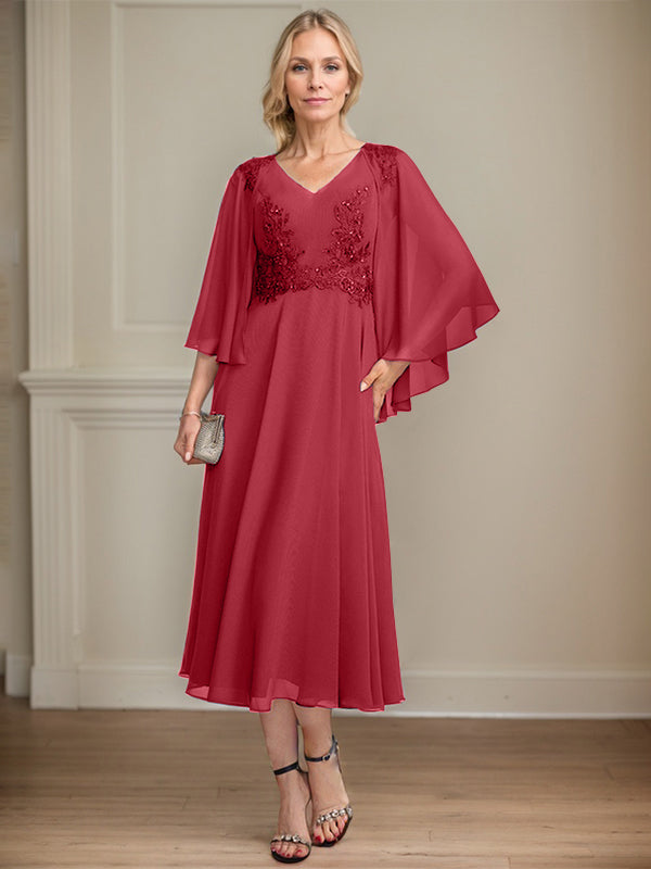 A-line V-Neck Tea-Length Chiffon Lace Mother of the Bride Dress With Beading Sequins