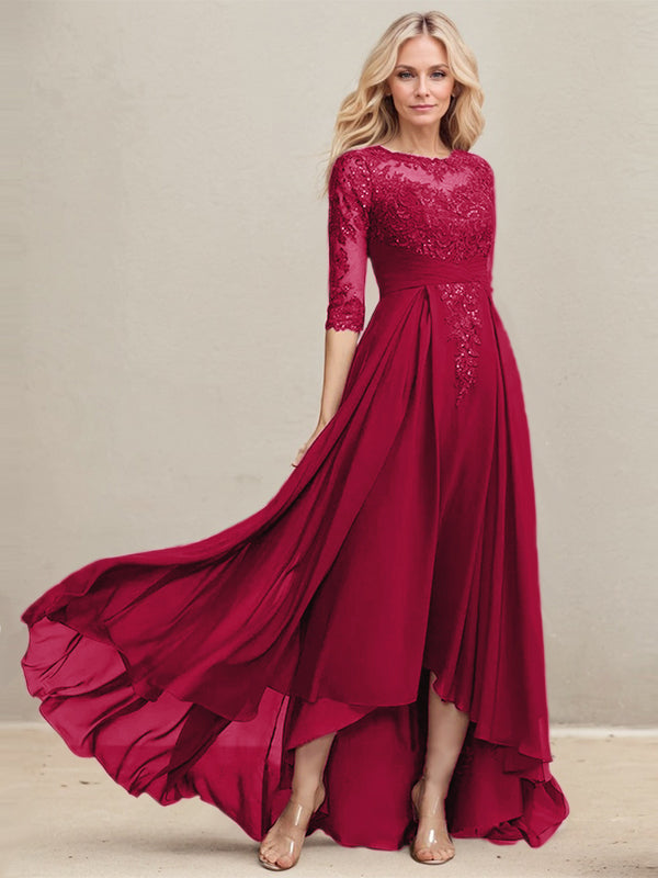 A-line Scoop Illusion Asymmetrical Lace Chiffon Mother of the Bride Dress With Pleated Sequins