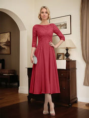 A-line Scoop Illusion Tea-Length Chiffon Lace Mother of the Bride Dress With Beading Sequins